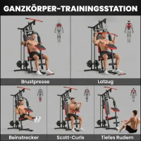 SPORTNOW Kraftstation Fitnessstation mit Latzug, Butterflystange, verstellbar Preacher Bank, Beintrainer, bis 120kg Schwarz+Rot(m-5)