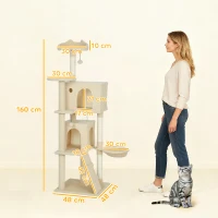 PawHut Árbol Rascador para Gatos 160 cm con Plataformas Cama 2 Cuevas Hamaca Escalera Postes de Sisal Beige(m-3)