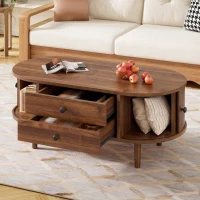 Spacious Room Table with Sliding Doors and 2 Drawers, Retro Oval Coffee Table with Vertical Slats and Clean Lines, 100L x 50W x 40H cm, Walnut(m-7)