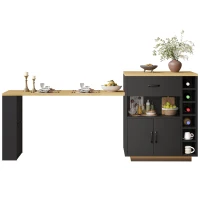 Extendable Kitchen Island with Dining Table, Multifunctional Storage Cabinet with Wine Rack and LED Base Light, 141L x 70W x 101.5H cm, Black(m-10)