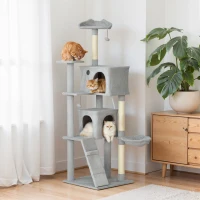 PawHut Árbol Rascador para Gatos 180 cm con Plataformas Cama 2 Cuevas Hamaca Escalera Postes de Sisal Gris Claro(m-10)