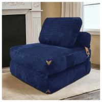 3-in-1 Convertible Corduroy Floor Sofa Bed with Side Pockets, Oversized Chaise Lounge for Bedrooms or Student Dorms, 87L x 86W x 40H cm, Blue(m-1)