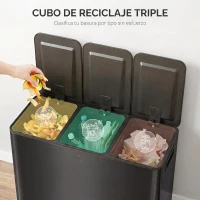 HOMCOM Papelera Cocina de Acero Inoxidable con 3 Compartimentos 3x15L con Pedales Tapas de Cierre Suave y Cubo Extraíble Negro(m-4)