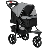 PawHut Carrito para Perros con 3 Ruedas Ventanas de Malla Cesta de Almacenaje y Correas de Seguridad 109,5x57,5x106,5 cm Gris(m-11)