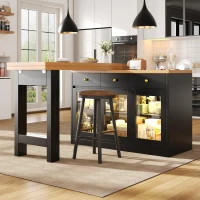 Extendable Kitchen Island with LED Lighting and Glass Cabinets, Space-Saving Dining Cart for Cosy Flats, 120L x 40W x 75.5H cm, Black(m-7)