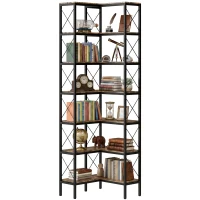 HOMCOM 6-stufiges L-förmiges Bücherregal, freistehendes Eckregal mit Metallrahmen, rustikal braun, 60 x 60 x 200 cm(m-12)