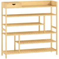 HOMCOM Schoenenrek, Schoenenhouder met 6 niveaus, Lade van bamboe, voor max. 18 paar schoenen, Schoenplank voor entree, slaapkamer, 101 x 30 x 100 cm, Natuur