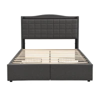 Spacious Upholstered Bed with 4 Under‑Bed Drawers, Cozy Bed Frame with Soft Headboard and Linen Surface, 208L x 140W x 111H cm, Grey(m-14)
