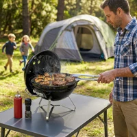 Outsunny Barbacoa de Carbón Portátil Barbacoa de Carbón Redonda Tapa con Soporte Rejilla Ventilación Ajustable Ø41x44 cm Negro(m-12)