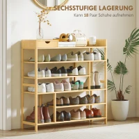 HOMCOM Schoenenrek, Schoenenhouder met 6 niveaus, Lade van bamboe, voor max. 18 paar schoenen, Schoenplank voor entree, slaapkamer, 101 x 30 x 100 cm, Natuur(m-4)