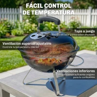 Outsunny Barbacoa de Carbón Portátil Barbacoa de Carbón Redonda Tapa con Soporte Rejilla Ventilación Ajustable Ø41x44 cm Negro(m-10)