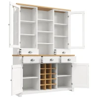 Kitchen Pantry Cabinet with Wine Rack and Adjustable Shelves, Glass-Door Buffet Sideboard with 5 Deep Drawers, 120L x 40W x 185H cm, White(m-11)