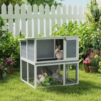 PawHut Hasenstall 2 Etagen Kaninchenstall aus Holz mit wetterfest aufklappbar Dach, Freilaufgehege, Rampe, 98x95x102,5 cm Grau(m-10)