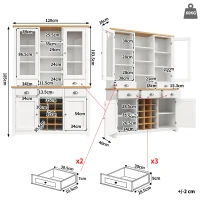 Kitchen Pantry Cabinet with Wine Rack and Adjustable Shelves, Glass-Door Buffet Sideboard with 5 Deep Drawers, 120L x 40W x 185H cm, White(m-3)