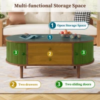 Spacious Room Table with Sliding Doors and 2 Drawers, Retro Oval Coffee Table with Vertical Slats and Clean Lines, 100L x 50W x 40H cm, Walnut(m-6)