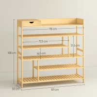 HOMCOM Schoenenrek, Schoenenhouder met 6 niveaus, Lade van bamboe, voor max. 18 paar schoenen, Schoenplank voor entree, slaapkamer, 101 x 30 x 100 cm, Natuur(m-3)