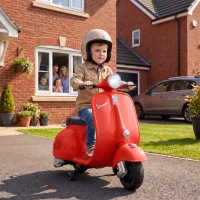 AIYAPLAY Moto Eléctrica para Niños Licencia VESPA Arranque Suave Ruedines Desmontables Luz Delantera Música, Bocina USB Rojo(m-10)