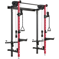 SPORTNOW Jaula de Potencia Plegable Rack para Sentadillas con Barra de Dominadas Sistema de Poleas Carga 700 kg Rojo