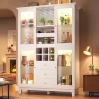 White Wine Cabinet with App-Controlled RGB LED Lighting, Adjustable-Dlass-Shelf Showcase with Wine Rack and Glass Holder, 120L x 40W x 180.5H cm, White(m-1)