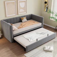 Space-Saving Daybed with Pull-Out Trundle, Ideal Bed Frame for Studios, Living Rooms, or Multi‑Purpose Guest-Spaces, 200L x 140W x 100H cm, Grey(m-1)
