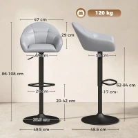 HOMCOM Bar Stools Adjustable Heights Breakfast Bar Stools Backrest Armrests Set of 2 with Rubber Ring Metal Base, Grey(m-3)