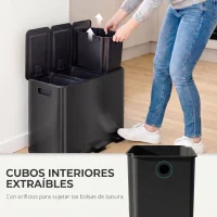 HOMCOM Papelera Cocina de Acero Inoxidable con 3 Compartimentos 3x15L con Pedales Tapas de Cierre Suave y Cubo Extraíble Negro(m-7)