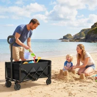 Outsunny 60L Foldable Festival Trolley on Wheels, Collapsible Wagon Cart with Drop-Down Tailgate, Adjustable Handle, Black(m-10)