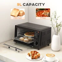 HOMCOM Mini Oven, 9L Countertop Electric Grill, Toaster Oven with Adjustable Temperature, Timer, Dishwasher Safe Baking Tray and Wire Rack, 750W, Black(m-4)