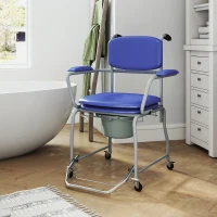 HOMCOM Scaun WC Mobil cu Roți 3 în 1, PU Oțel Inoxidabil, Albastru(m-10)