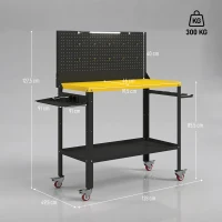 HOMCOM Banco de Trabajo con Panel Perforado Mesa de Trabajo con Enchufes Luz LED Ruedas Marco de Metal Negro y Amarillo(m-3)
