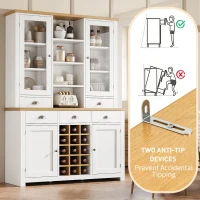 Kitchen Pantry Cabinet with Wine Rack and Adjustable Shelves, Glass-Door Buffet Sideboard with 5 Deep Drawers, 120L x 40W x 185H cm, White(m-6)