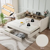 Practical Upholstered Daybed with Pull-Out Trundle, Ideal Bed Frame for Studios, Living Rooms, or Guest Spaces, 200L x 140W x 100H cm, Beige(m-5)