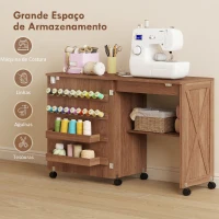 HOMCOM Mesa para Máquina de Costura Dobrável com Porta Magnética, 2 Compartimentos, Prateleira, 18 Suportes para Linhas e 5 Rodas, Castanho(m-4)