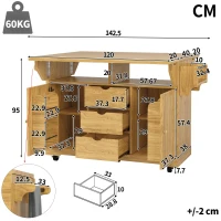 Foldable Serving Trolley with Ample Storage and Snack Racks, Mobile Kitchen Island for Balconies or Dining Room, 142.5L x 40W x 95H cm, Natural+Light Brown(m-3)