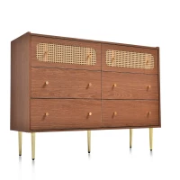 Rattan Sideboard Cabinet with 2 Perforated Rattan-Front Drawers, Walnut 6-Drawer Dresser for Lounge or Dining Areas, 120L x 40W x 90H cm, Walnut(m-14)
