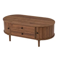 Spacious Room Table with Sliding Doors and 2 Drawers, Retro Oval Coffee Table with Vertical Slats and Clean Lines, 100L x 50W x 40H cm, Walnut(m-12)