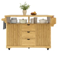 Foldable Serving Trolley with Ample Storage and Snack Racks, Mobile Kitchen Island for Balconies or Dining Room, 142.5L x 40W x 95H cm, Natural+Light Brown(m-11)