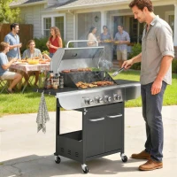 Outsunny Barbacoa de Gas con 4 Quemadores 12,8 kW Termómetro Parrillas de Hierro Fundido Mesas Laterales Armario y Ruedas Negro(m-10)