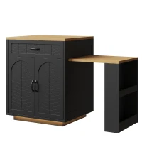 Extendable Kitchen Island with Dining Table, Multifunctional Storage Cabinet with Wine Rack and LED Base Light, 141L x 70W x 101.5H cm, Black(m-11)