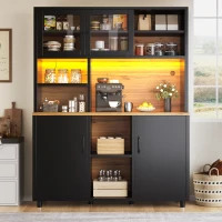 Tall Multi‑Purpose Storage Cabinet with App‑Controlled LED Lighting, Retro-Style Kitchen Hutch for Kitchen or Living Spaces, 140L x 40W x 185H cm, Black(m-8)