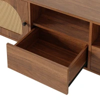Space-Saving TV Stand with 2 Sliding Doors and 2 Drawers, Stylish TV Cabinet with Rattan Doors and Metal legs, 200L x 40W x 50H cm, Walnut(m-11)