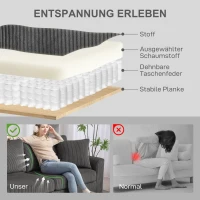 HOMCOM 3-zitsbank met sierkussens, cordbank voor woonkamer, slaapkamer, 212 cm breed, Donkergrijs(m-5)