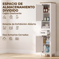 HOMCOM Armario de Baño Alto y Estrecho Rústico con Cajón Estante Abierto Puertas y Estantes Ajustables 34,5x30x148 cm Blanco(m-4)