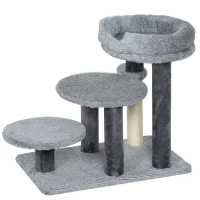 PawHut Kratzbaum und Katzentreppe, breite Basis, Plüschstoff, Sisalkratzsäule, Grau(m-11)