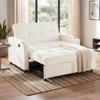 Convertible Sofa Bed with Adjustable Backrest, Functional Sleeper with USB & Type-C Charging and Cup Holders, 135L x 173W x 58H cm, Off White(m-1)