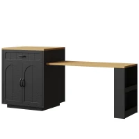 Extendable Kitchen Island with Dining Table, Multifunctional Storage Cabinet with Wine Rack and LED Base Light, 141L x 70W x 101.5H cm, Black(m-12)