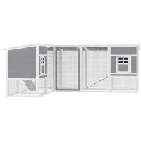 PawHut Hühnerstall L-förmiges Hühnerhaus aus Holz mit 2 Häusern, 2 Ebenen, Auslauf, Rampe, 251 x 192 x 103 cm Grau(m-11)