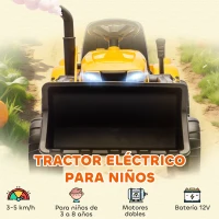AIYAPLAY Tractor Eléctrico para Niños con Remolque Desmontable y Pala Batería 12V Motor Doble Control Remoto 2,4G Luces Música(m-4)