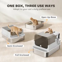 PawHut XXL Stainless Steel Cat Litter Tray, Enclosed Cat Litter Box with 90° Flip Cover, Double Doors, Scoop, Easy Clean, Grey(m-6)