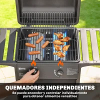 Outsunny Barbacoa de Gas BBQ Gas con 2 Quemadores 5 kW Termómetro Mesas Laterales Estante Rejilla Calentadora 2 Ruedas Negro(m-4)